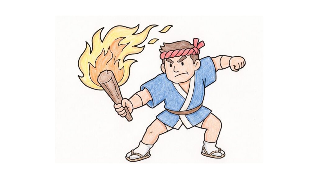 松明（たいまつ）を振るお祭りの塗り絵イラスト カラー見本（無料・印刷OK）