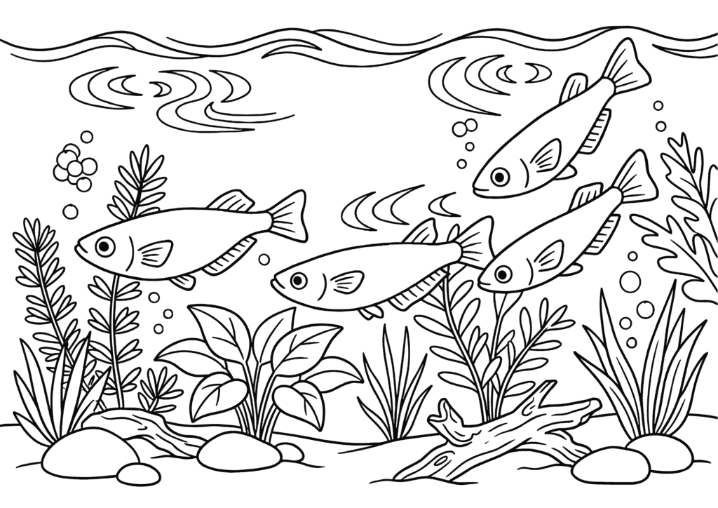 Medaka rice fish coloring page, line art — free printable
