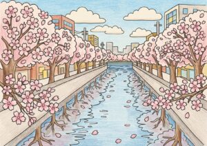 目黒川の桜並木の塗り絵イラスト カラー見本（無料・印刷OK）