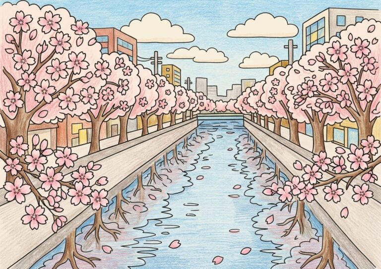 目黒川の桜並木の塗り絵イラスト
