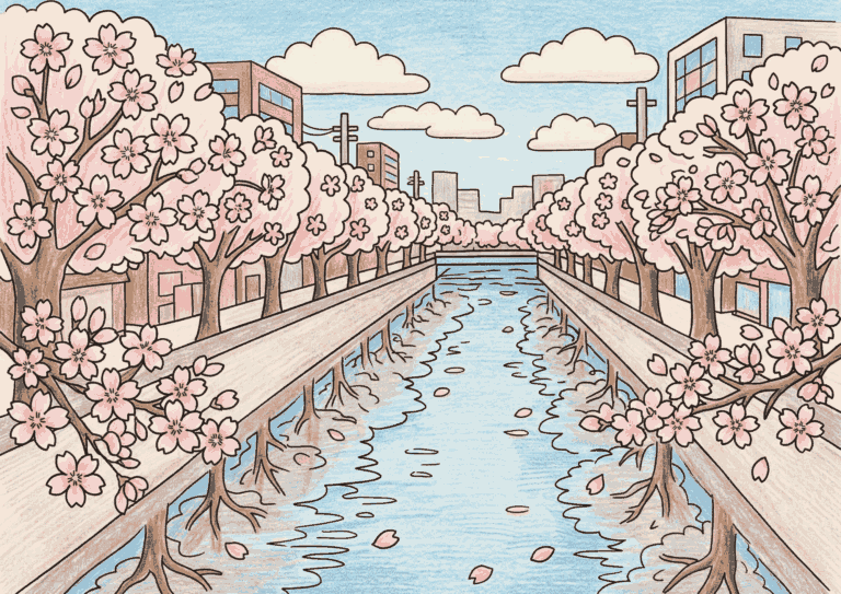 目黒川の桜並木の塗り絵イラスト