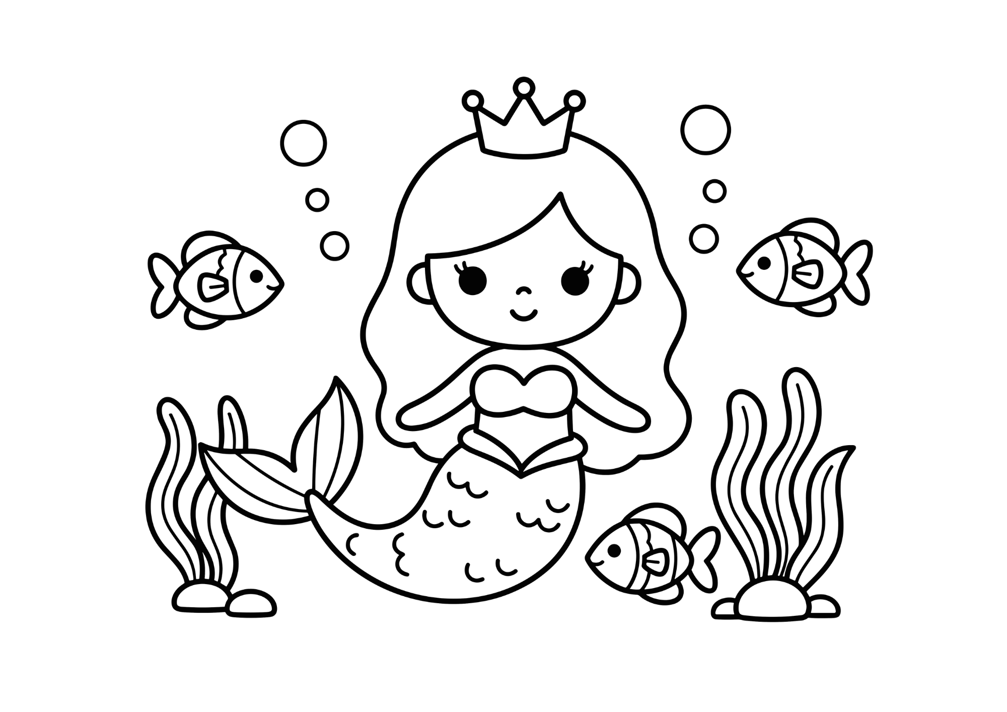かわいい人魚の塗り絵イラスト 白黒 無料ダウンロード 印刷用