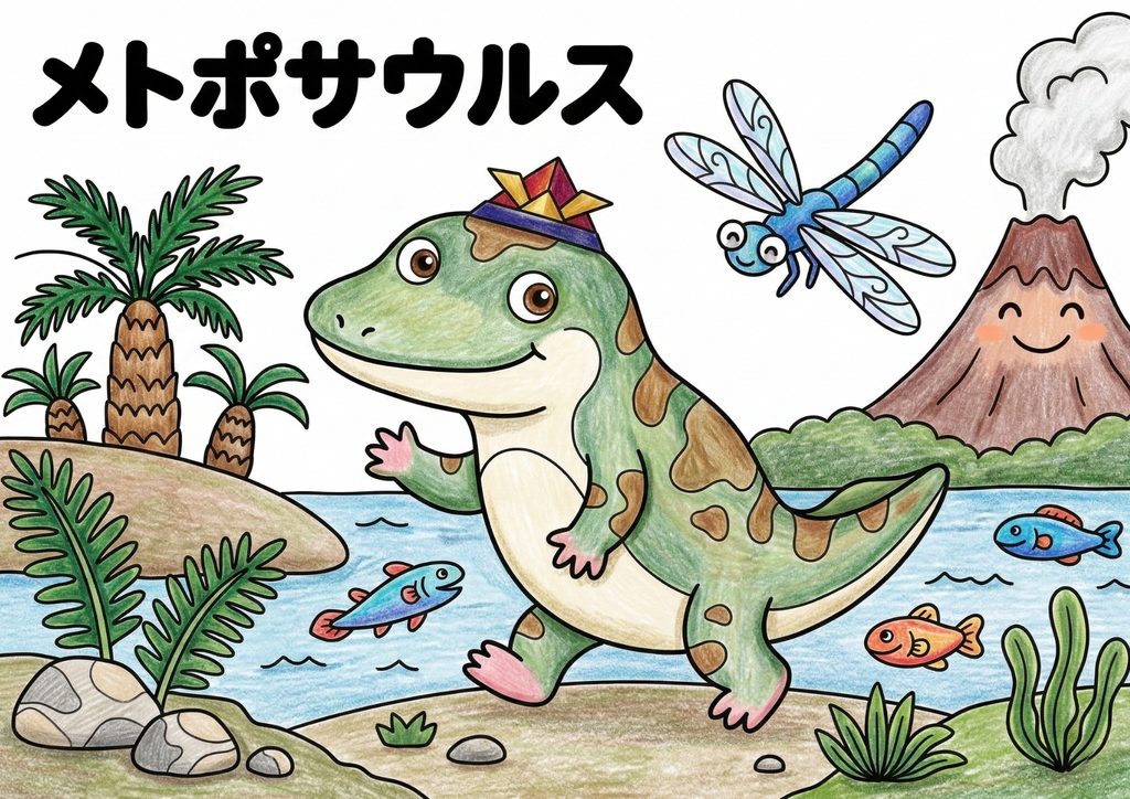 Metoposaurus colored sample illustration — free printable prehistoric animal coloring page