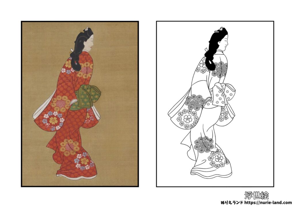 浮世絵 見返り美人の塗り絵イラスト カラー見本（無料・印刷OK）