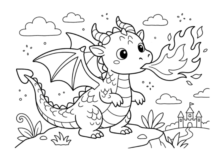 Baby dragon coloring page - black and white printable