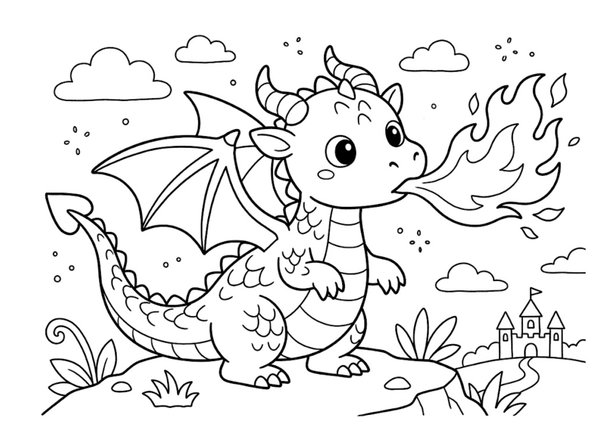 火吹き練習するミニドラゴンの塗り絵 白黒