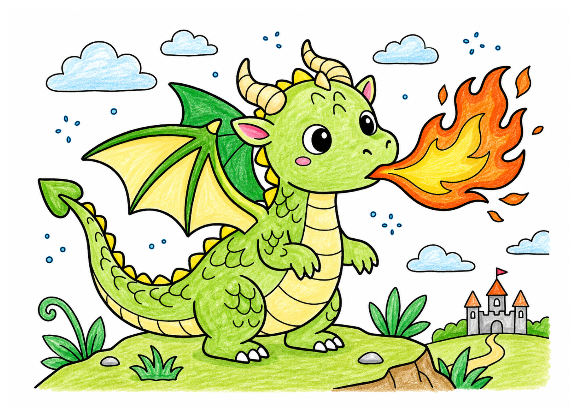 火吹き練習するミニドラゴンの塗り絵 カラー見本