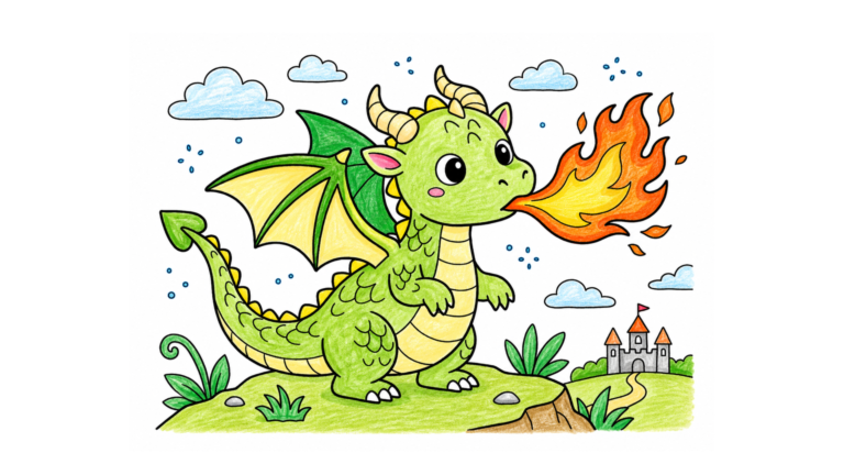 火吹き練習するミニドラゴンの塗り絵