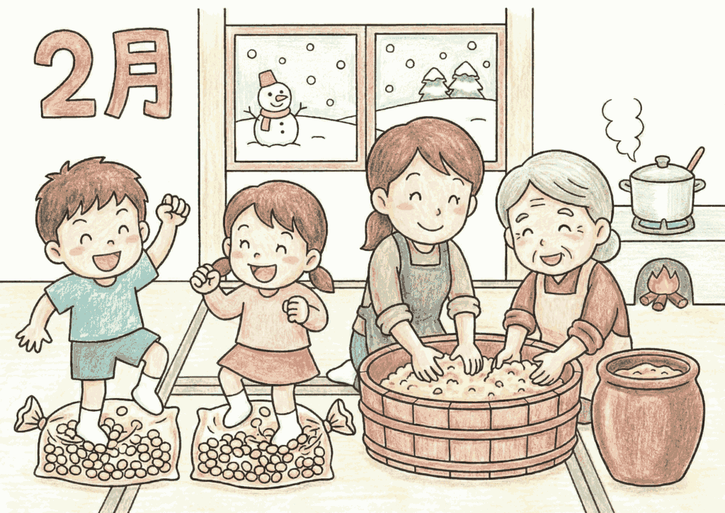 2月の味噌作りの様子を描いた無料ダウンロードできる塗り絵イラスト白黒フリー画像素材