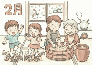 2月の味噌作りの様子を描いた無料ダウンロードできる塗り絵イラスト白黒フリー画像素材