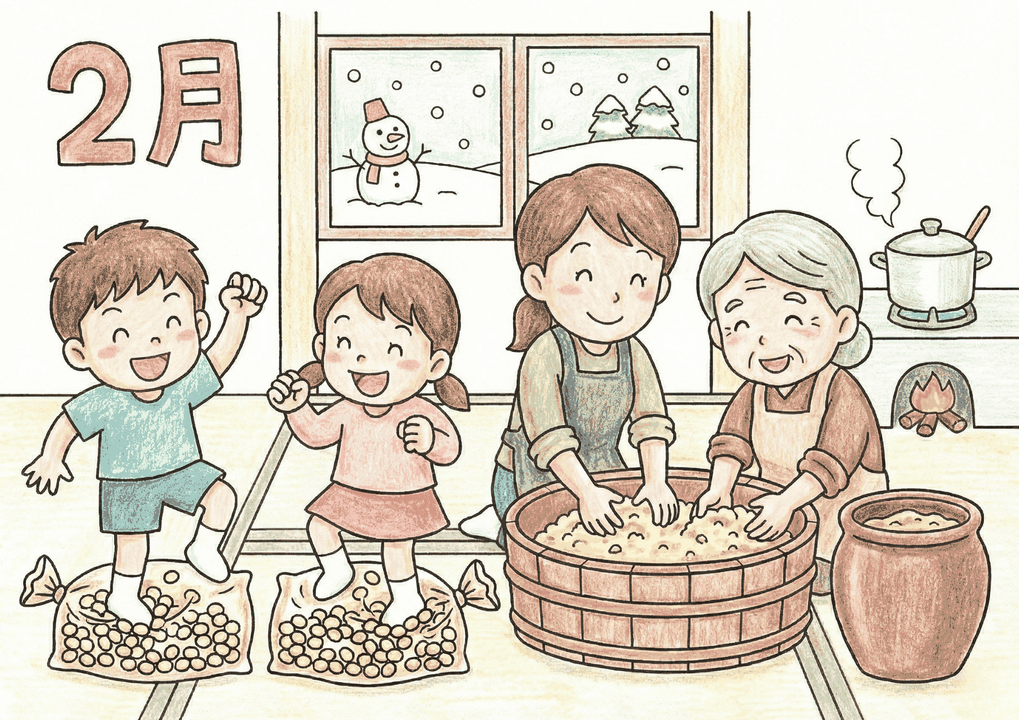 2月の味噌作りの様子を描いた無料ダウンロードできる塗り絵イラスト白黒フリー画像素材
