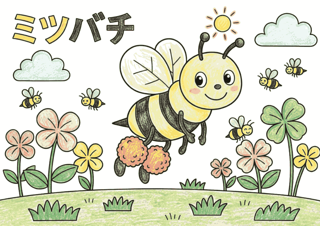 ミツバチ（蜜蜂）の塗り絵 カラー見本 花粉団子を持った働き蜂