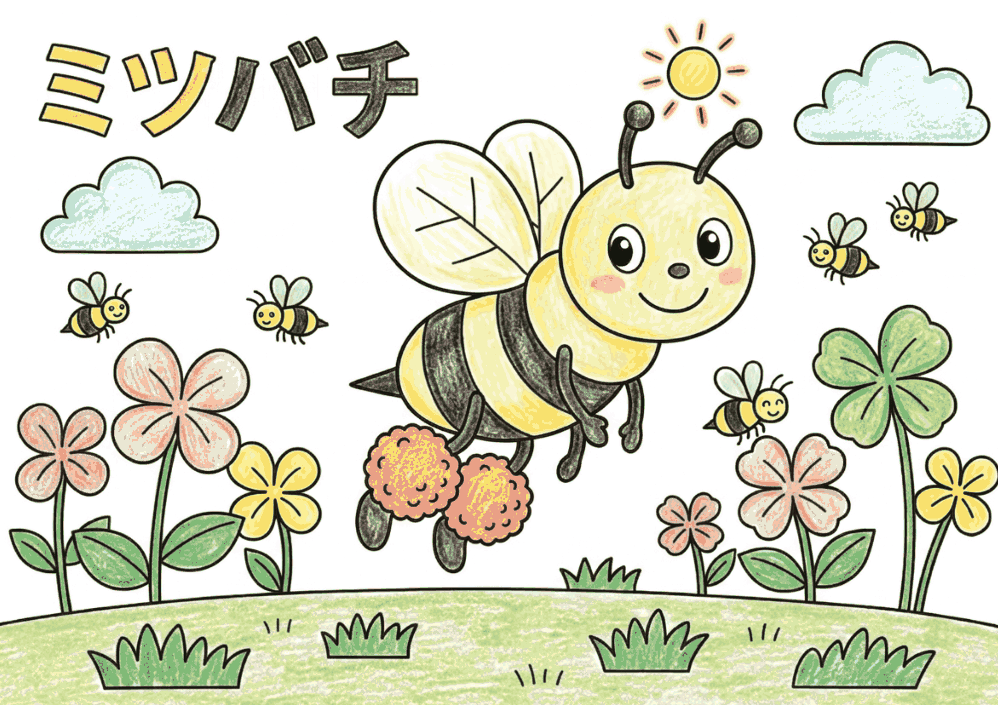ミツバチ（蜜蜂）の塗り絵イラスト｜大人・高齢者向け 無料ダウンロード（塗り絵フリー画像素材）