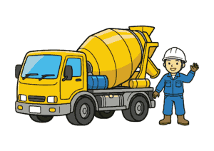 ミキサー車と作業員の見本付きぬりえイラスト（子供向け）