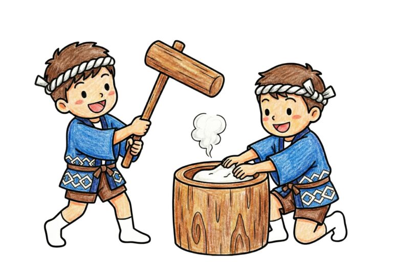 餅つきの塗り絵イラスト