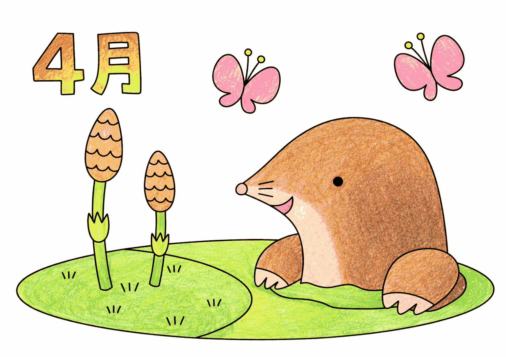 4月のモグラの塗り絵カラー見本、ツクシ（土筆）と蝶の春イラスト高齢者向け無料素材
