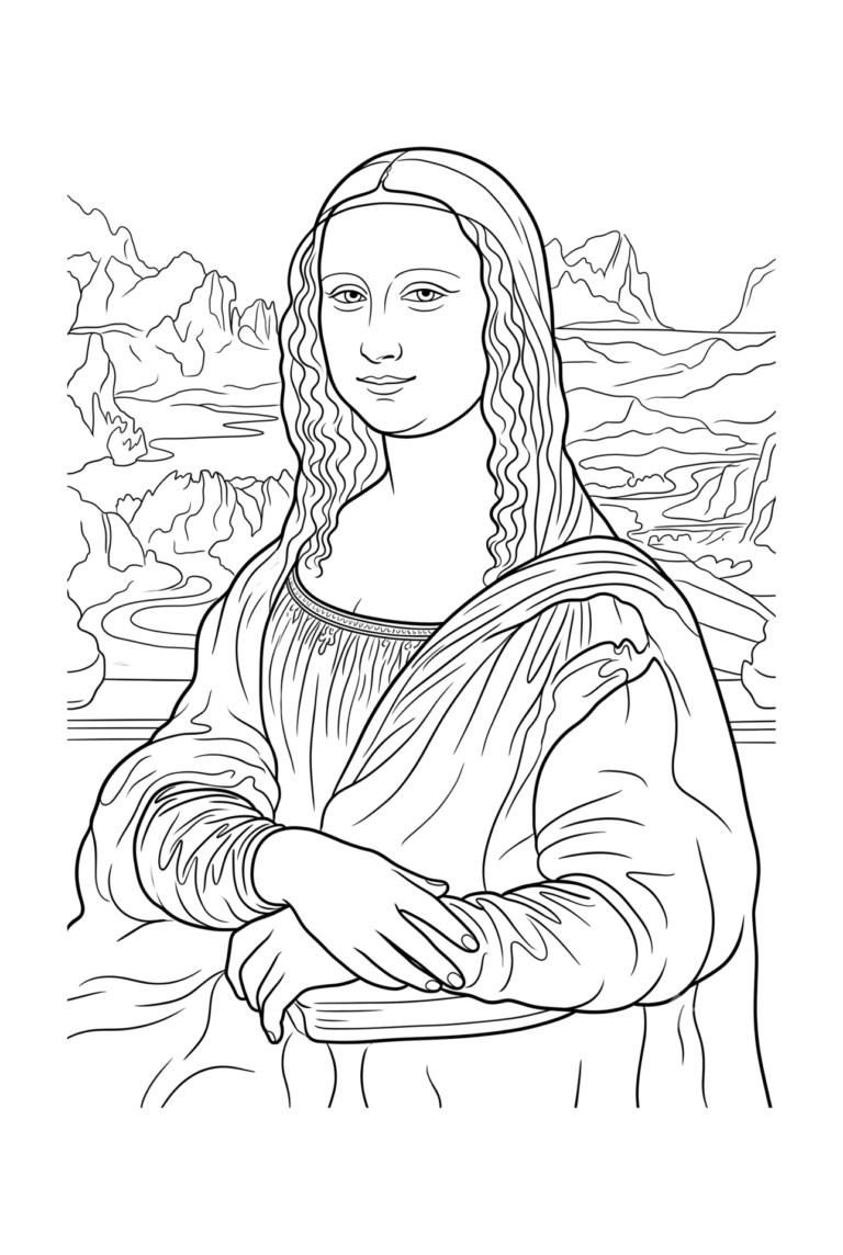 モナ・リザの塗り絵イラスト 白黒線画 印刷用(無料)