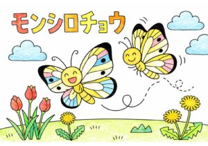 紋白蝶（モンシロチョウ）の塗り絵イラスト カラー見本（無料・印刷OK）