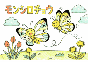 紋白蝶（モンシロチョウ）2匹が花畑を飛ぶ塗り絵 カラー見本