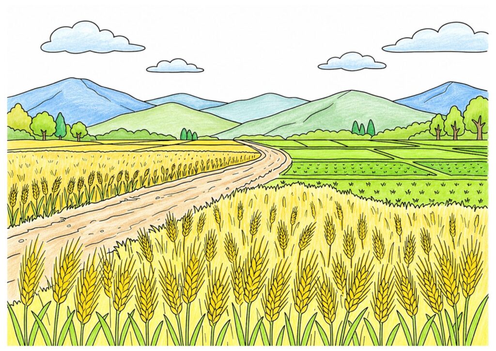 麦の穂と田園風景の塗り絵イラスト カラー見本（無料・印刷OK）