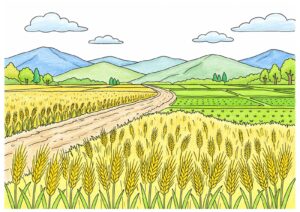麦の穂と田園風景の塗り絵イラスト カラー見本（無料・印刷OK）