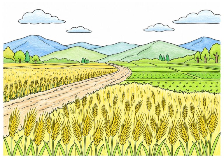 麦の穂と田園風景の塗り絵イラスト