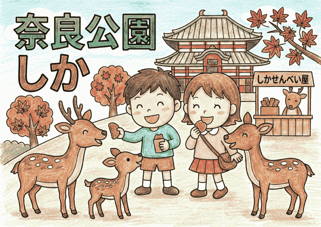 奈良公園の塗り絵イラスト｜しかと観光を楽しむ子供たち｜無料ダウンロード｜フリー画像素材