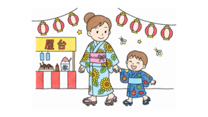 夏祭りの親子の塗り絵イラスト