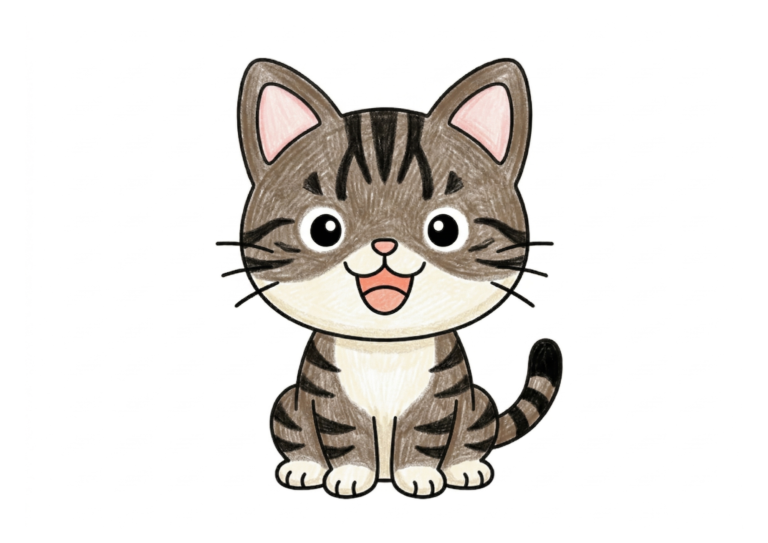 キジトラ猫の塗り絵カラー見本、子供向け無料イラスト