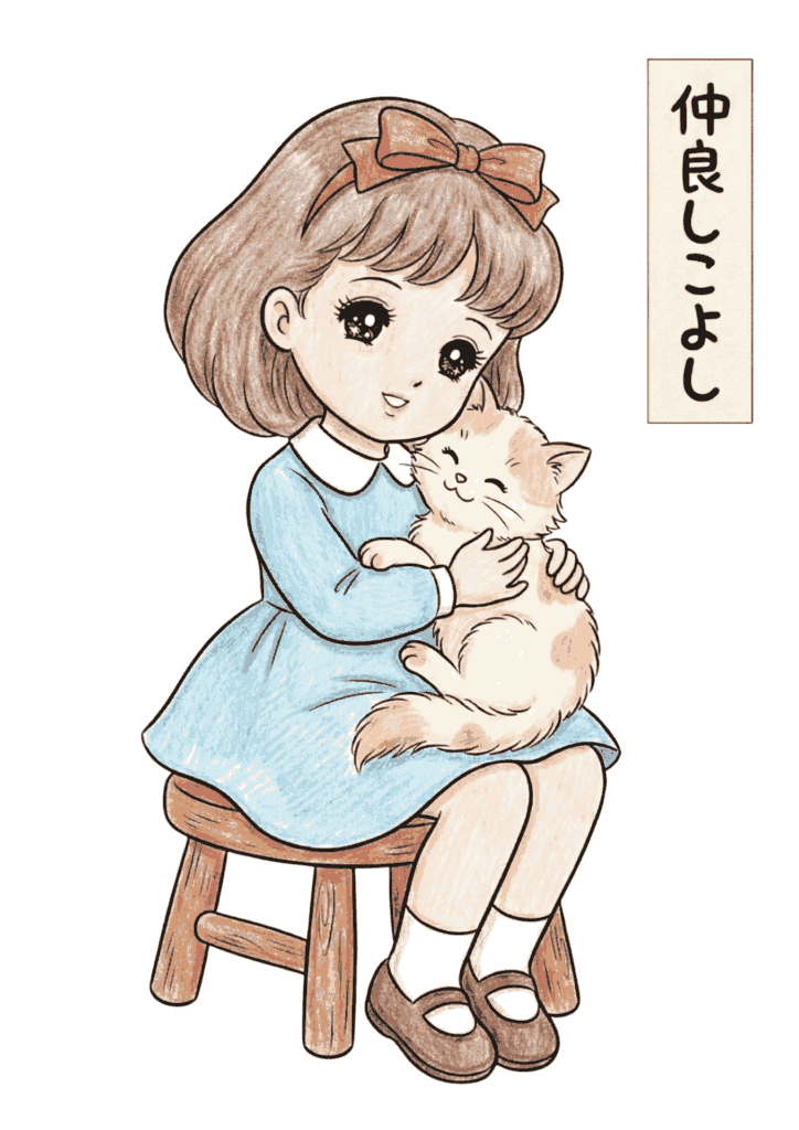 猫と女の子のぬりえイラストの塗り絵 カラー見本 無料ダウンロード