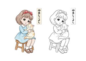 猫と女の子のぬりえイラストの塗り絵イラスト カラー見本（無料・印刷OK）