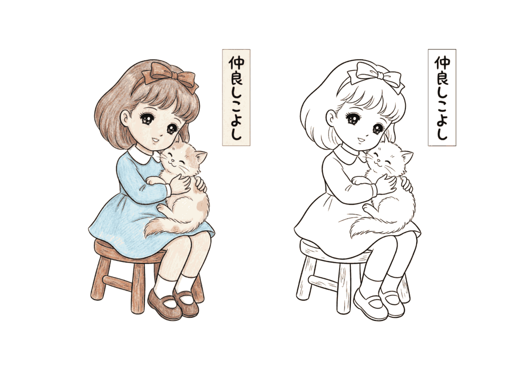 猫と女の子の昭和レトロ塗り絵イラスト｜無料ダウンロード｜フリー画像｜素材｜高齢者向け