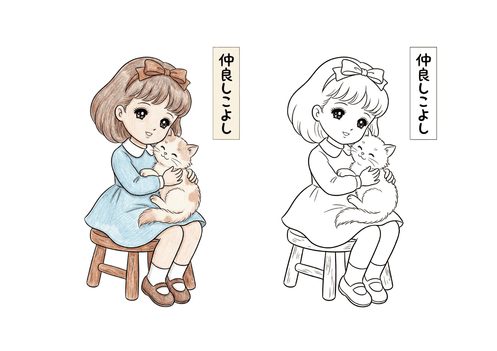 猫と女の子の昭和レトロ塗り絵イラスト|無料ダウンロード|フリー画像|素材|高齢者向け