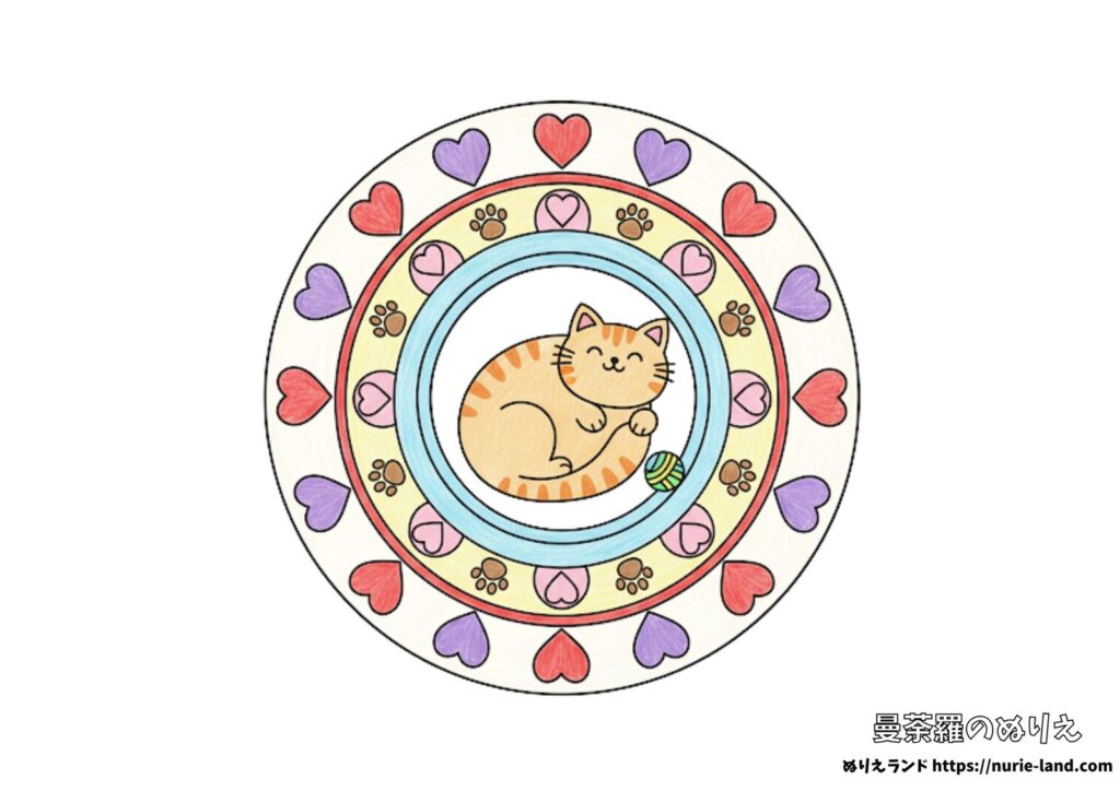猫の曼荼羅の塗り絵イラスト カラー見本（無料・印刷OK）