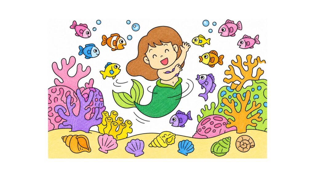 人魚（マーメイド）の塗り絵イラスト カラー見本（無料・印刷OK）