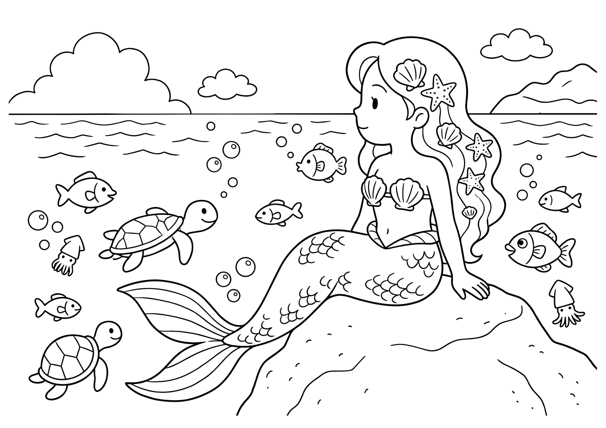 人魚姫の塗り絵 白黒 印刷用