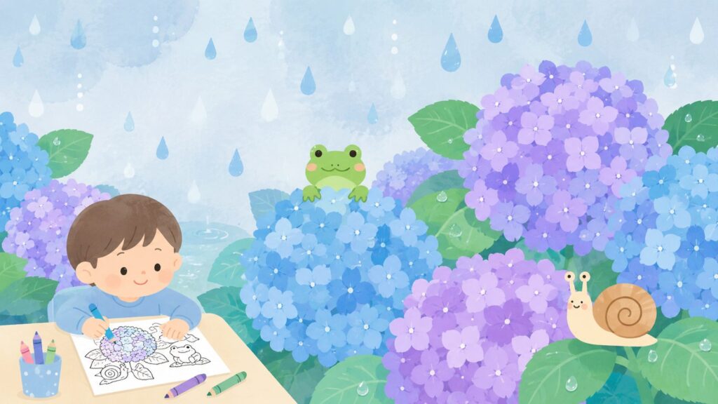 【無料】梅雨の塗り絵イラスト カラー見本（無料・印刷OK）