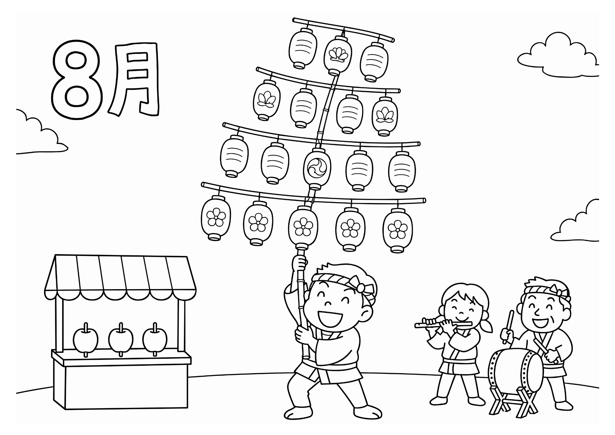 夏祭りの屋台と提灯の塗り絵 白黒 印刷用
