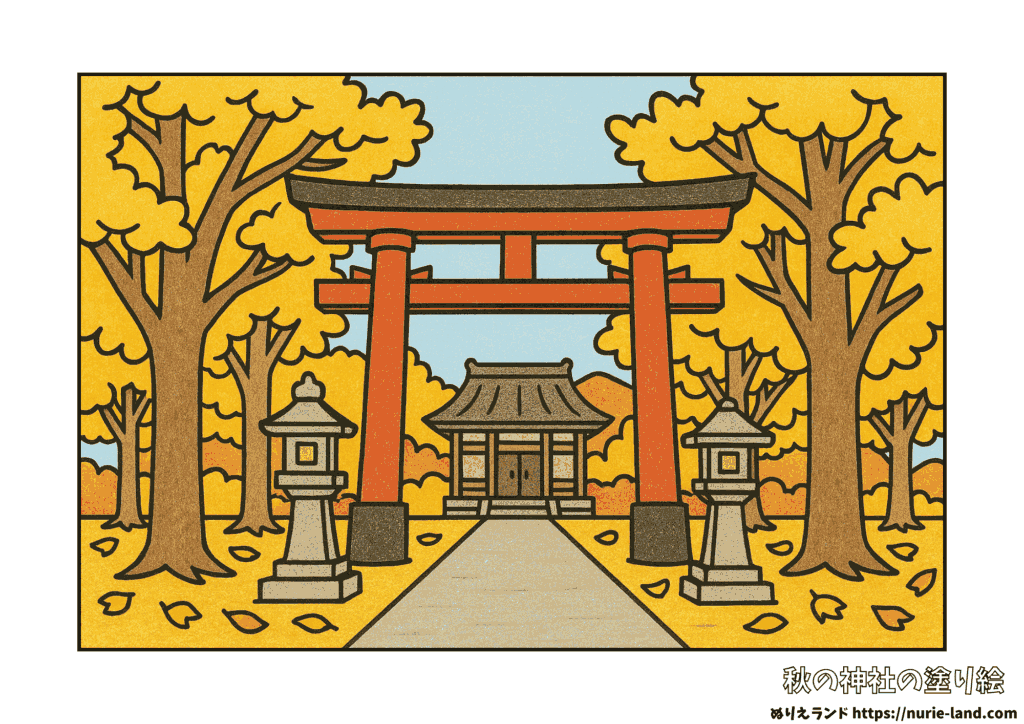 11月の塗り絵｜イチョウ並木と神社の秋風景｜高齢者向け無料ダウンロード