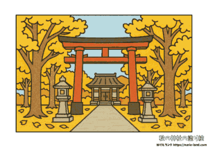 11月の塗り絵｜イチョウ並木と神社の秋風景｜高齢者向け無料ダウンロード