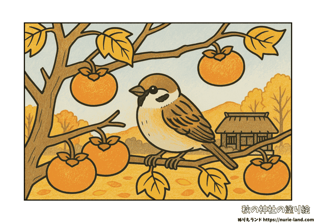 11月の塗り絵｜スズメと柿の秋風景を描こう｜高齢者向け・見本付き無料ダウンロード
