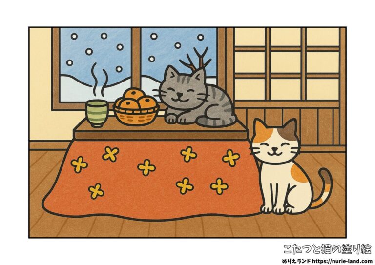 12月・1月の塗り絵|こたつとみかんと猫の冬風景|高齢者向け・見本付き無料ダウンロード