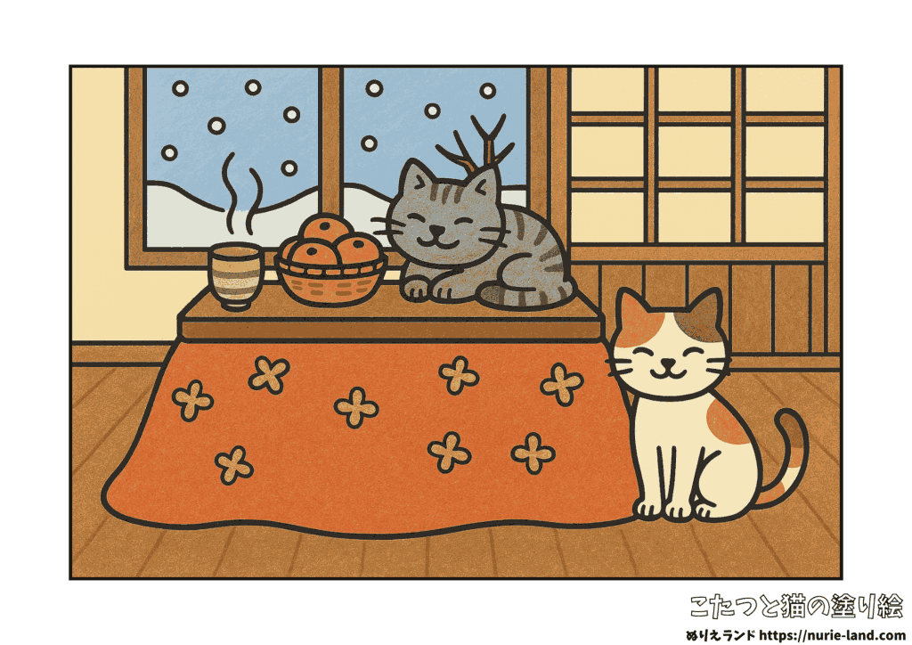 12月・1月の塗り絵｜こたつとみかんと猫の冬風景｜高齢者向け・見本付き無料ダウンロード