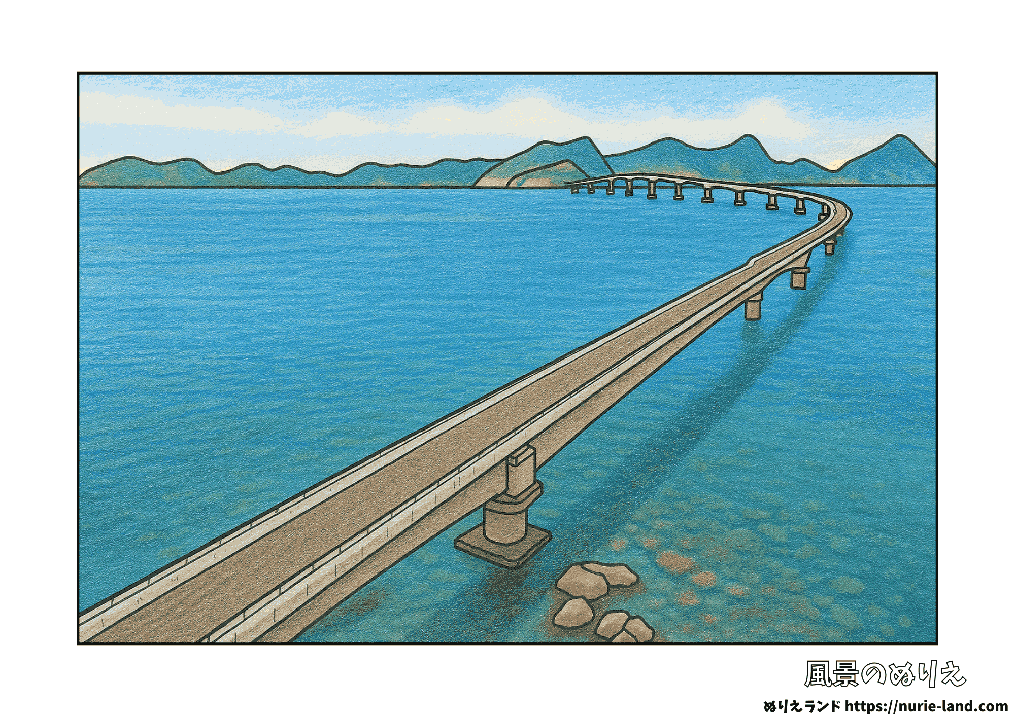 夏の甑大橋を描いた高齢者向けぬりえ。青い海にかかる橋と島影が印象的な線画素材。
