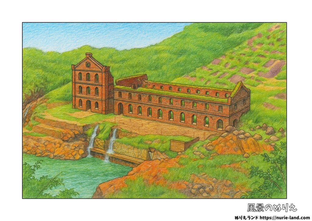 曽木発電所遺構のぬりえ見本付の塗り絵イラスト カラー見本（無料・印刷OK）