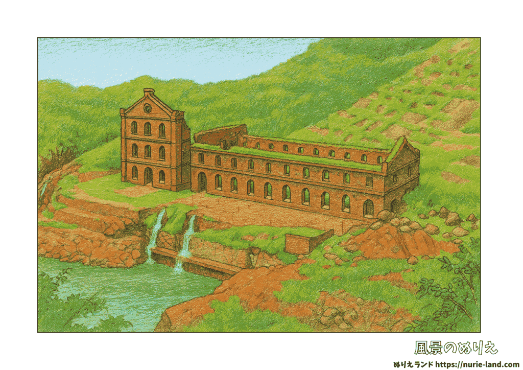 曽木発電所遺構のぬりえ見本付｜夏の歴史を感じる風景｜高齢者向け無料ダウンロード