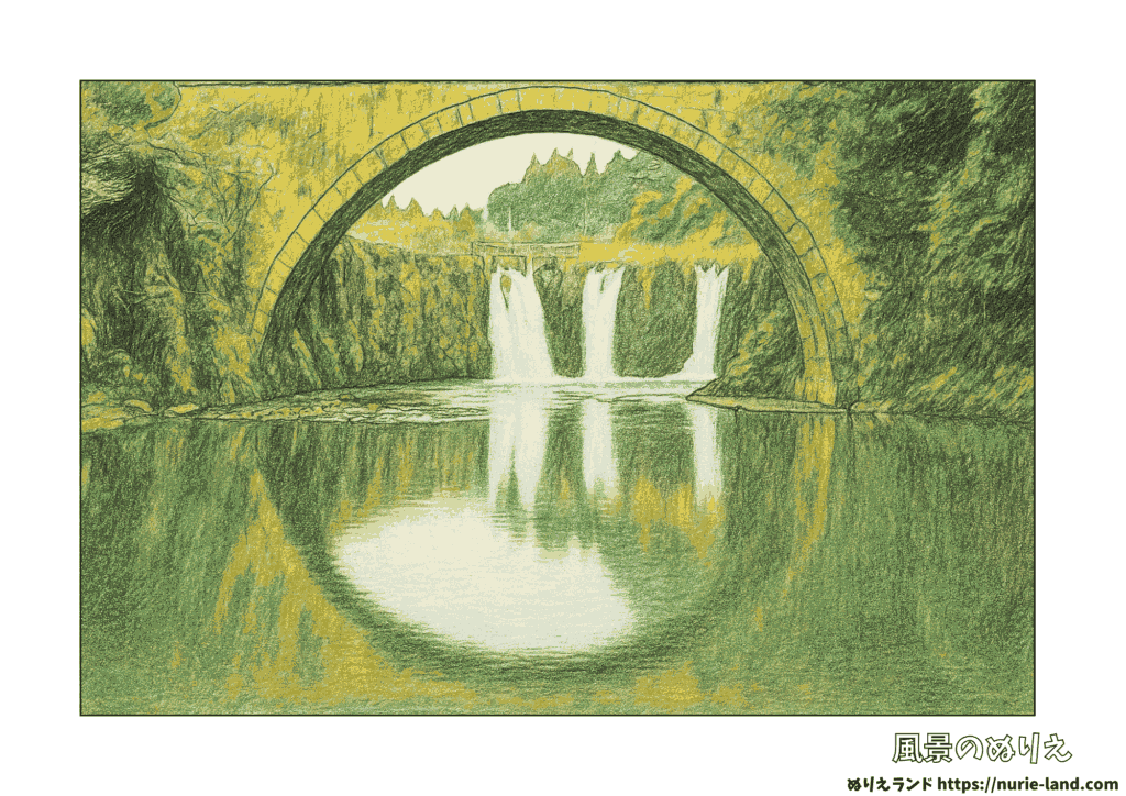 鹿児島の名所・金山橋｜涼しげな滝と橋の塗り絵｜高齢者向け無料素材