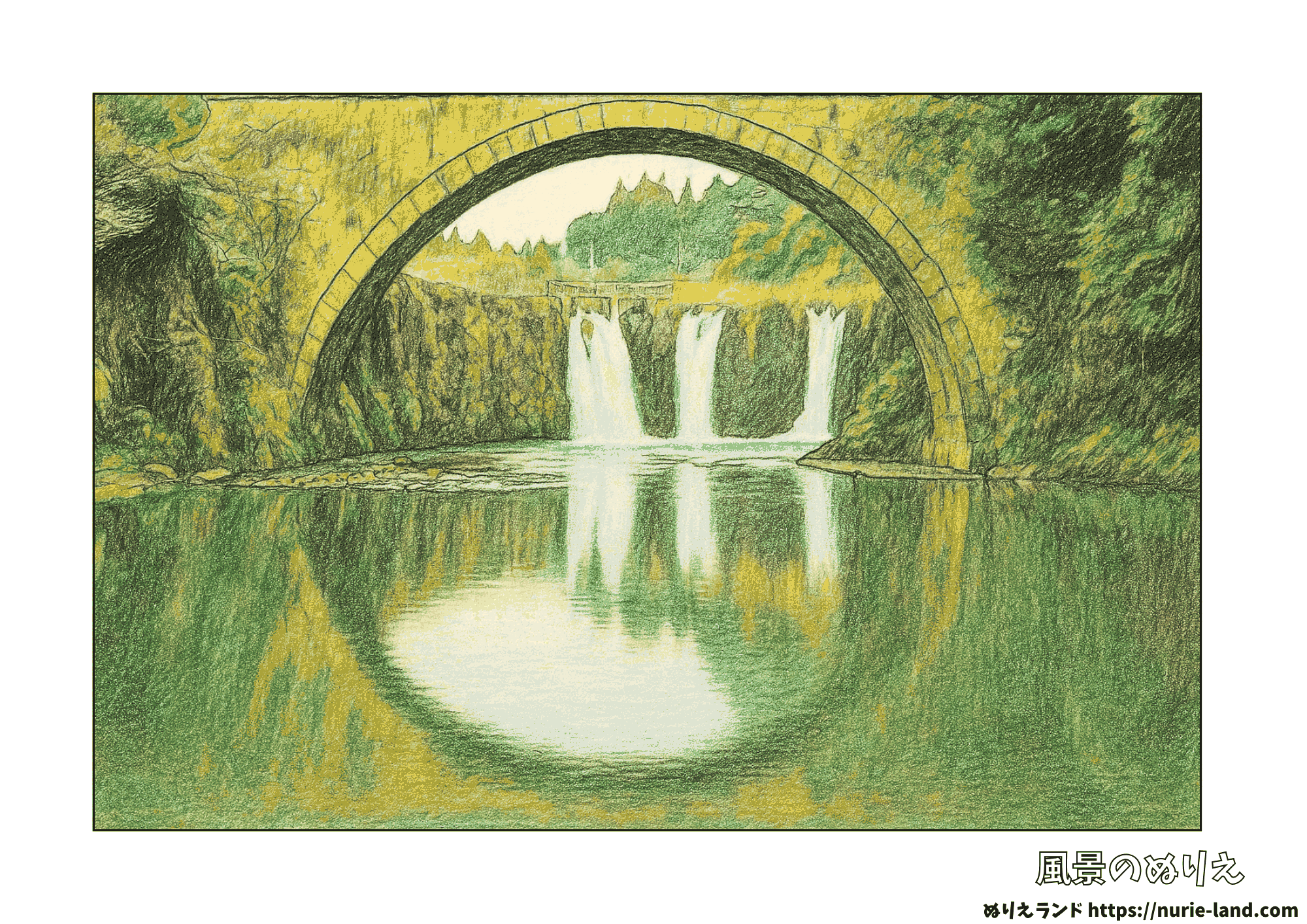 鹿児島の名所・金山橋|涼しげな滝と橋の塗り絵|高齢者向け無料素材