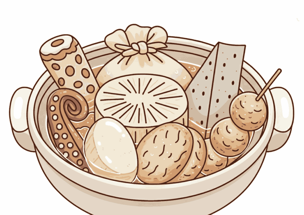 おでんの無料ぬりえイラスト。大根・ちくわ・たまごなど具材豊富な高齢者向け素材。見本付きで塗りやすく、冬の塗り絵に最適です。