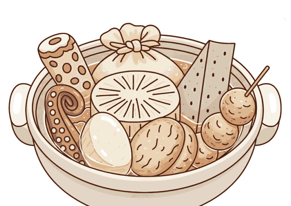 おでんの無料ぬりえイラスト。大根・ちくわ・たまごなど具材豊富な高齢者向け素材。見本付きで塗りやすく、冬の塗り絵に最適です。